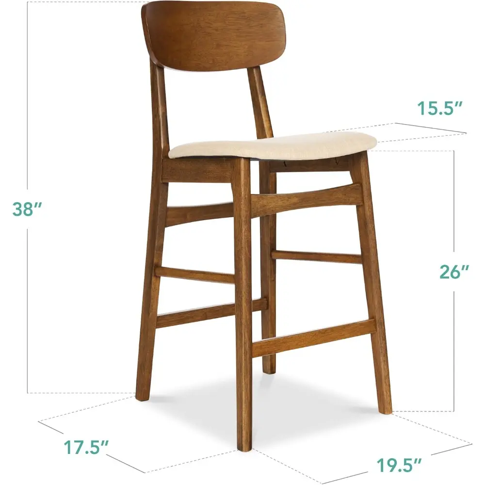"Pair of Modern Farmhouse Style Bar Stools, Counter Height with Upholstered Cushion Seats and Wooden Curved Backs, Walnut Finish