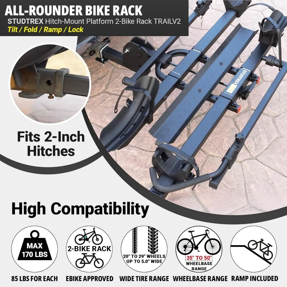 TRAILV2 Hitch Mount 2-Bike Rack with Bike Ramp - Tilt, Fold, Anti-Theft Hitch & Wheel Lock, 170lbs Capacity, 2-Inch Receiver, Up