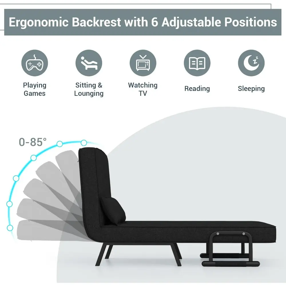 Convertible Sleeper Chair Bed, 4 in 1 Living Room Reading Chair with Pillow, Arm and Adjustable 5 Position Backrest Single Sofa