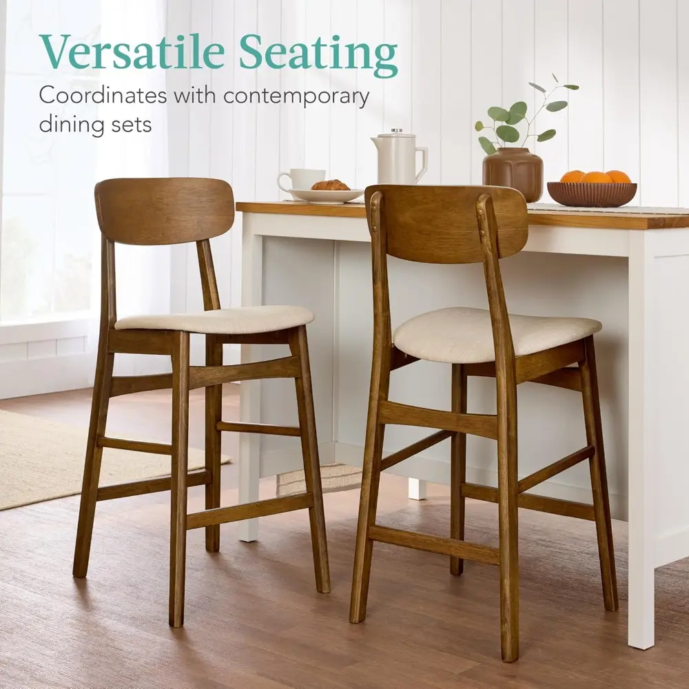 "Pair of Modern Farmhouse Style Bar Stools, Counter Height with Upholstered Cushion Seats and Wooden Curved Backs, Walnut Finish