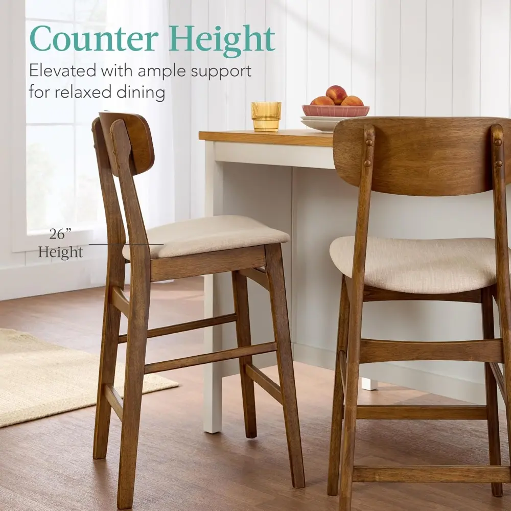 "Pair of Modern Farmhouse Style Bar Stools, Counter Height with Upholstered Cushion Seats and Wooden Curved Backs, Walnut Finish