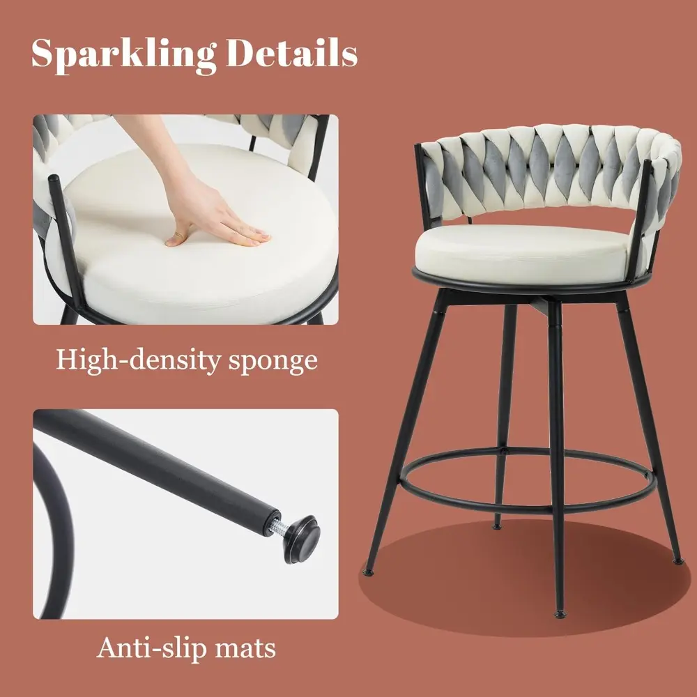 Pair of 24-Inch Swivel Counter Height Bar Stools with Woven Back for Kitchen Counter