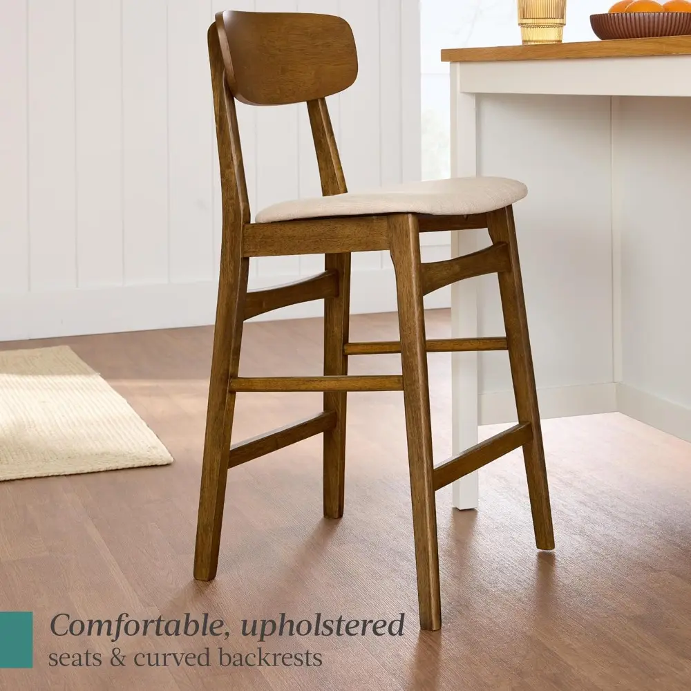 "Pair of Modern Farmhouse Style Bar Stools, Counter Height with Upholstered Cushion Seats and Wooden Curved Backs, Walnut Finish