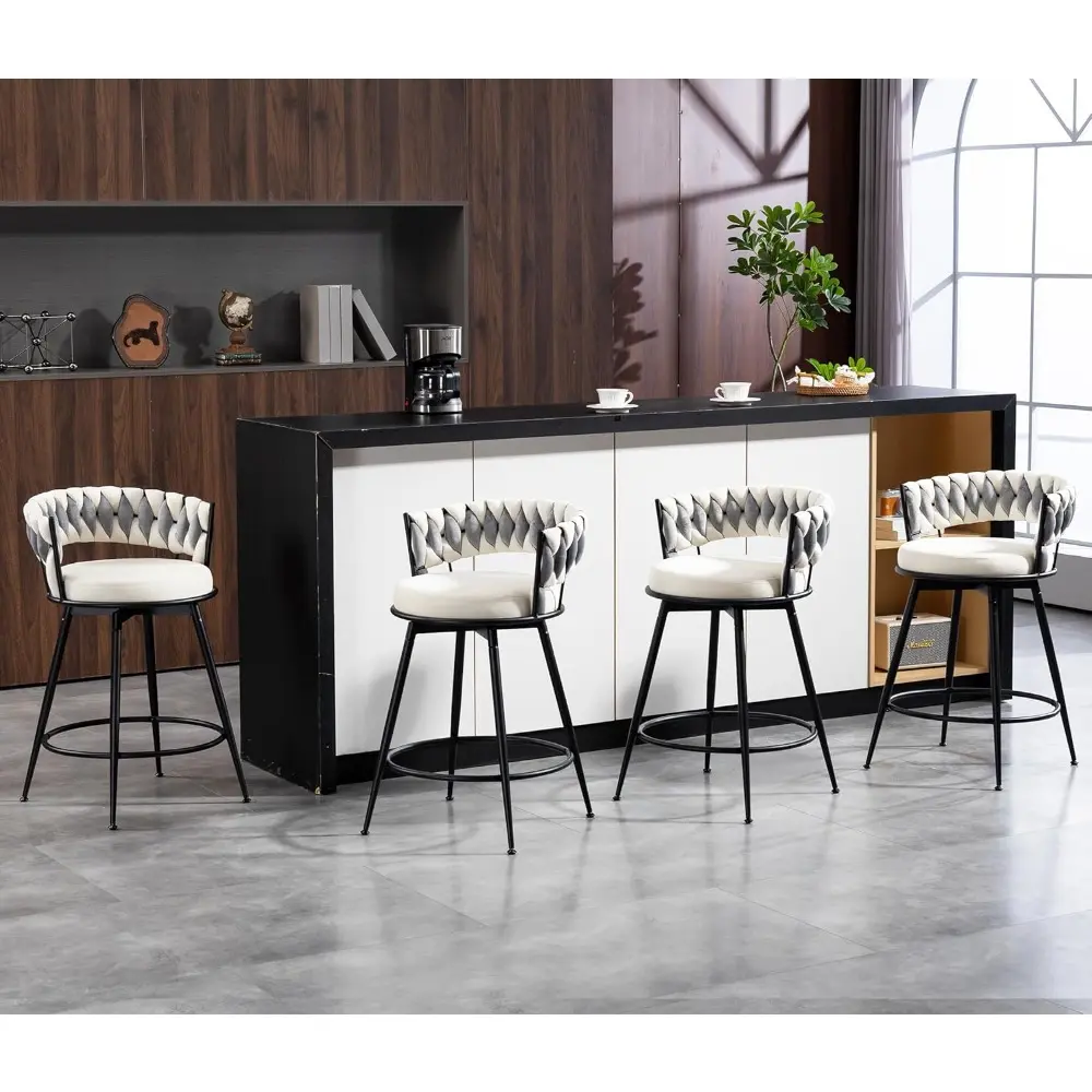 Pair of 24-Inch Swivel Counter Height Bar Stools with Woven Back for Kitchen Counter