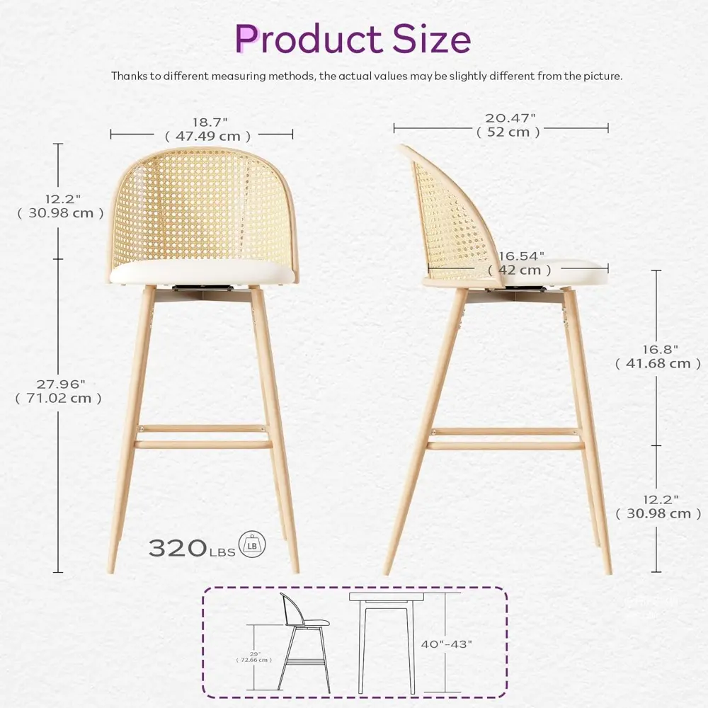 Mid Century Modern White Rattan Swivel Bar Stools Set of 2, 29" High for Kitchen Counter or Island