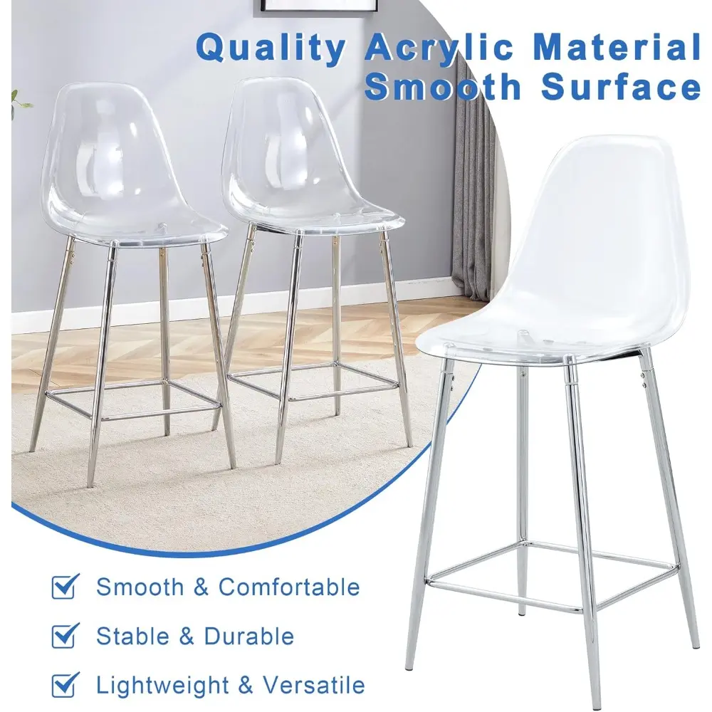 Pair of Clear Acrylic Counter Height Bar Stools with Metal Brackets for Kitchen Island
