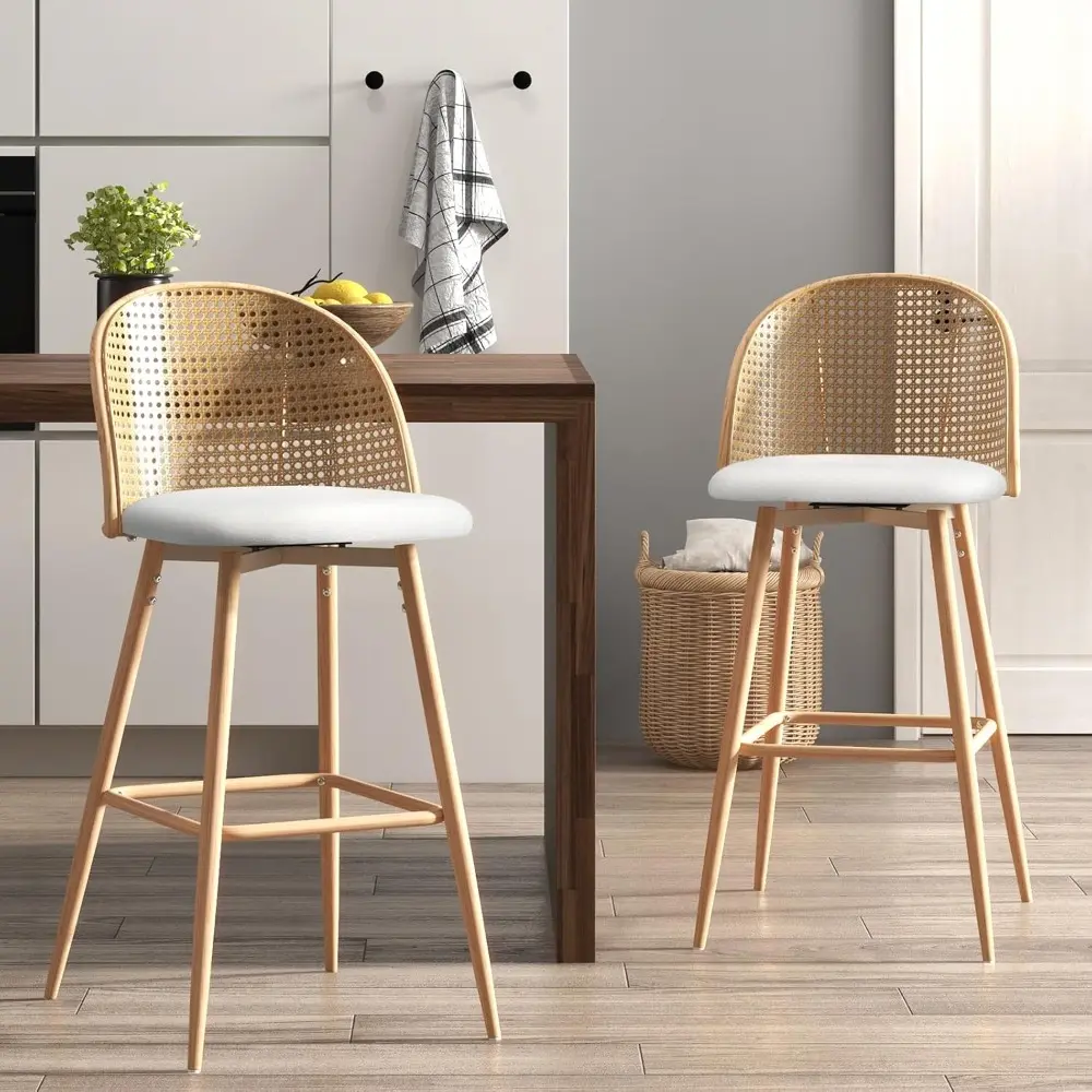 Mid Century Modern White Rattan Swivel Bar Stools Set of 2, 29" High for Kitchen Counter or Island