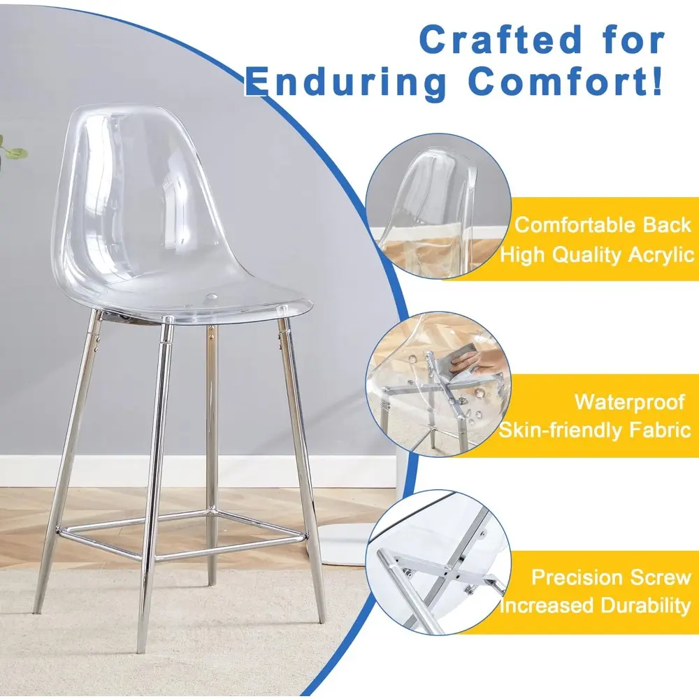 Pair of Clear Acrylic Counter Height Bar Stools with Metal Brackets for Kitchen Island