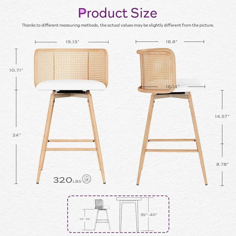 Pair of 26" Mid-Century Style Rattan Bar Stools with Natural Woven Backrest and Synthetic Leather Seat