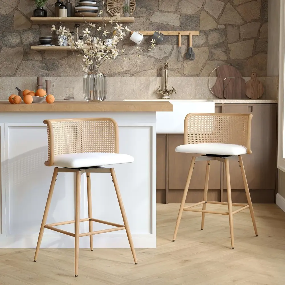 Pair of 26" Mid-Century Style Rattan Bar Stools with Natural Woven Backrest and Synthetic Leather Seat