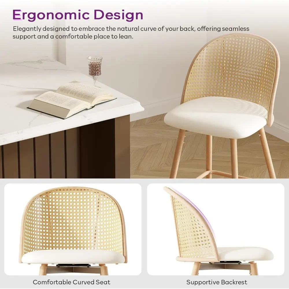 Mid Century Modern White Rattan Swivel Bar Stools Set of 2, 29" High for Kitchen Counter or Island
