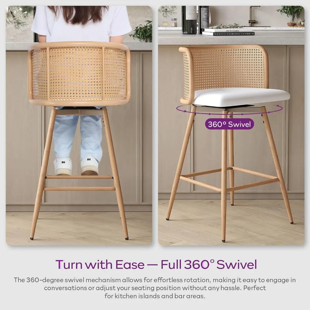 Pair of 26" Mid-Century Style Rattan Bar Stools with Natural Woven Backrest and Synthetic Leather Seat