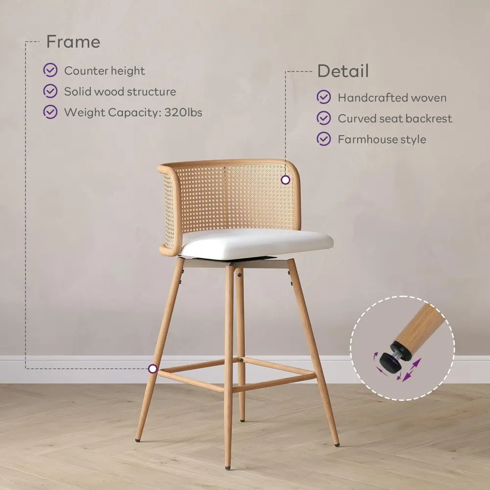 Pair of 26" Mid-Century Style Rattan Bar Stools with Natural Woven Backrest and Synthetic Leather Seat