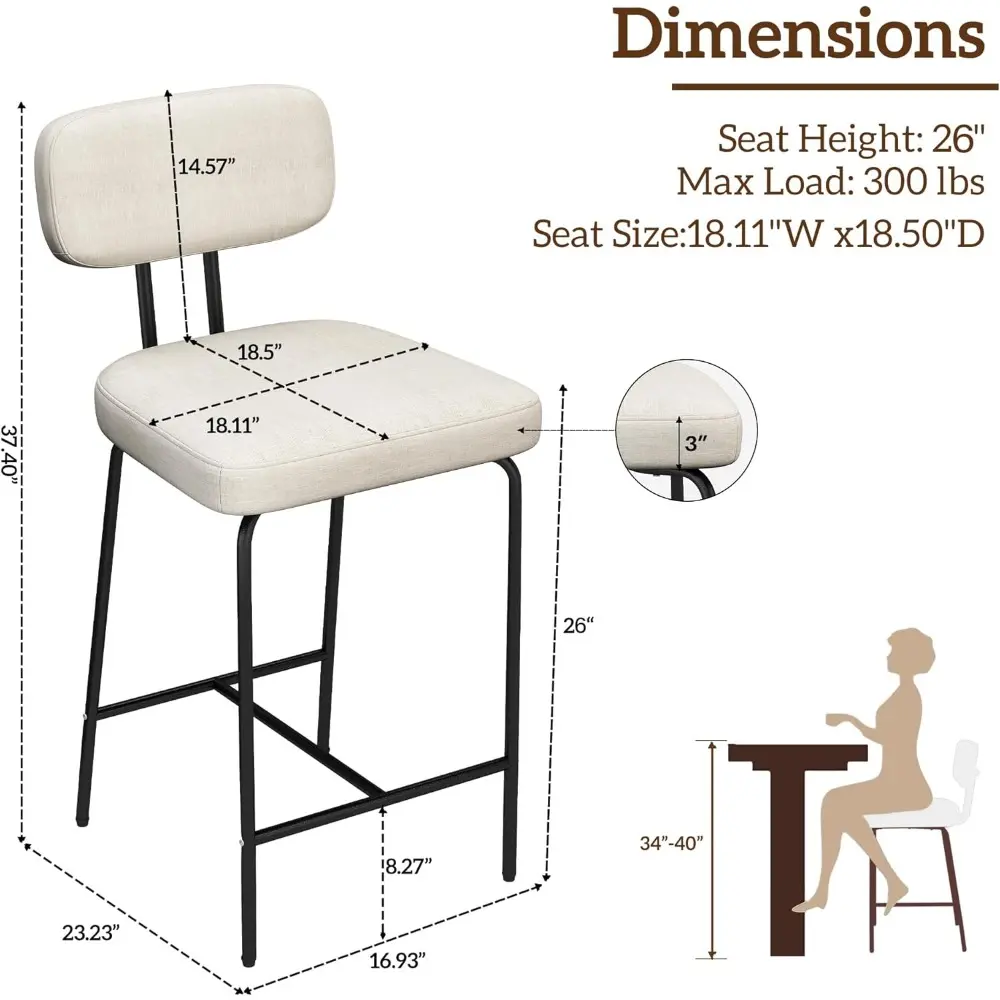 Set of 4 White 26" Counter Height Bar Stools with Backrest and Metal Legs, Fabric Upholstered Kitchen Counter Stools featuring F