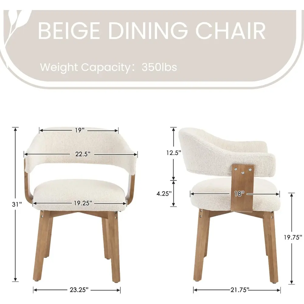 Beige Dining Chairs Set of 2 Modern Upholstered Dining Room Chairs, Farmhouse Kitchen Chairs with Curved Backrest and Wooden Leg