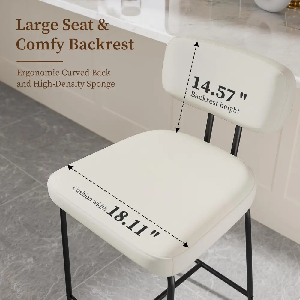Set of 4 White 26" Counter Height Bar Stools with Backrest and Metal Legs, Fabric Upholstered Kitchen Counter Stools featuring F