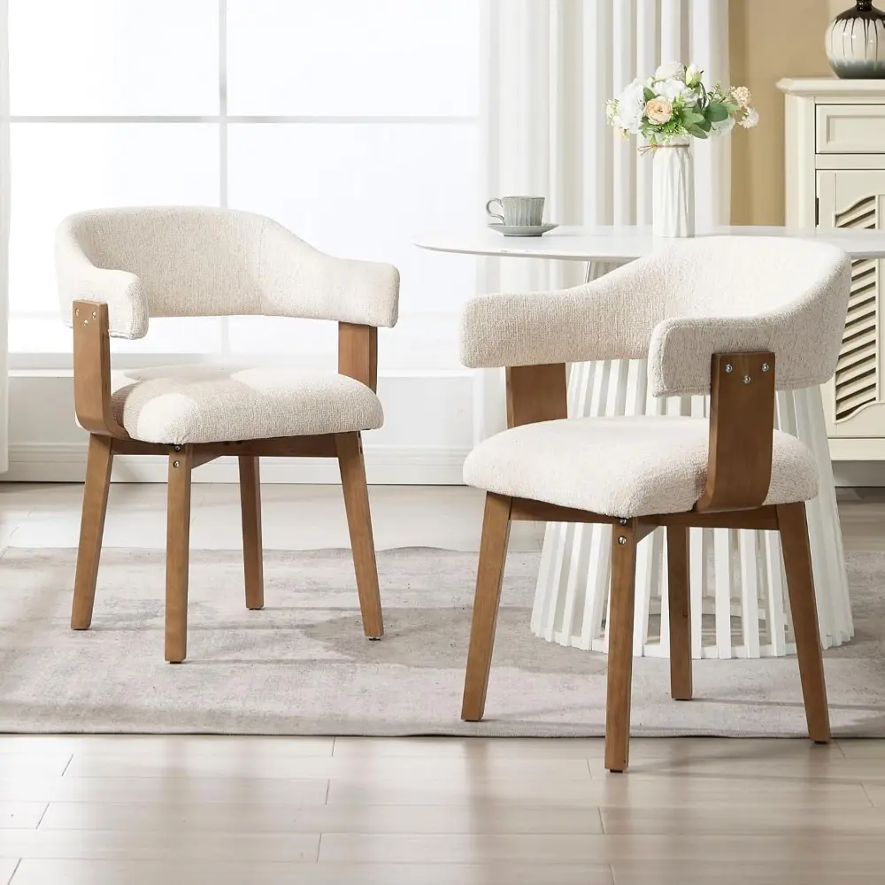 Beige Dining Chairs Set of 2 Modern Upholstered Dining Room Chairs, Farmhouse Kitchen Chairs with Curved Backrest and Wooden Leg