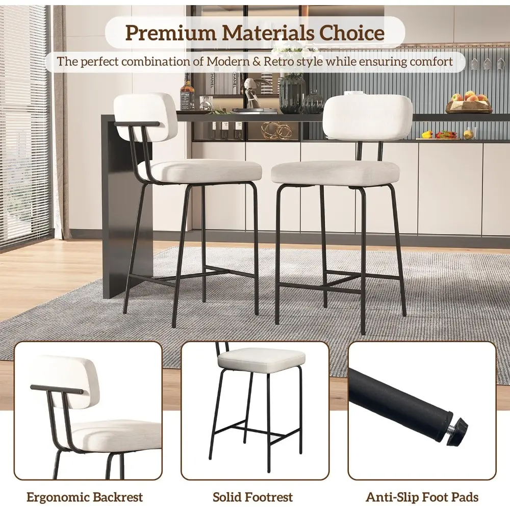 Set of 4 White 26" Counter Height Bar Stools with Backrest and Metal Legs, Fabric Upholstered Kitchen Counter Stools featuring F