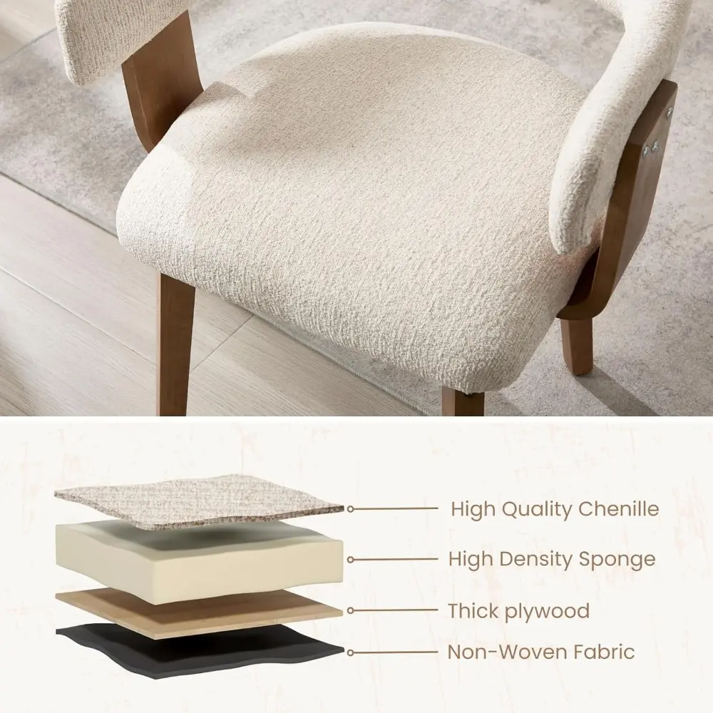 Beige Dining Chairs Set of 2 Modern Upholstered Dining Room Chairs, Farmhouse Kitchen Chairs with Curved Backrest and Wooden Leg