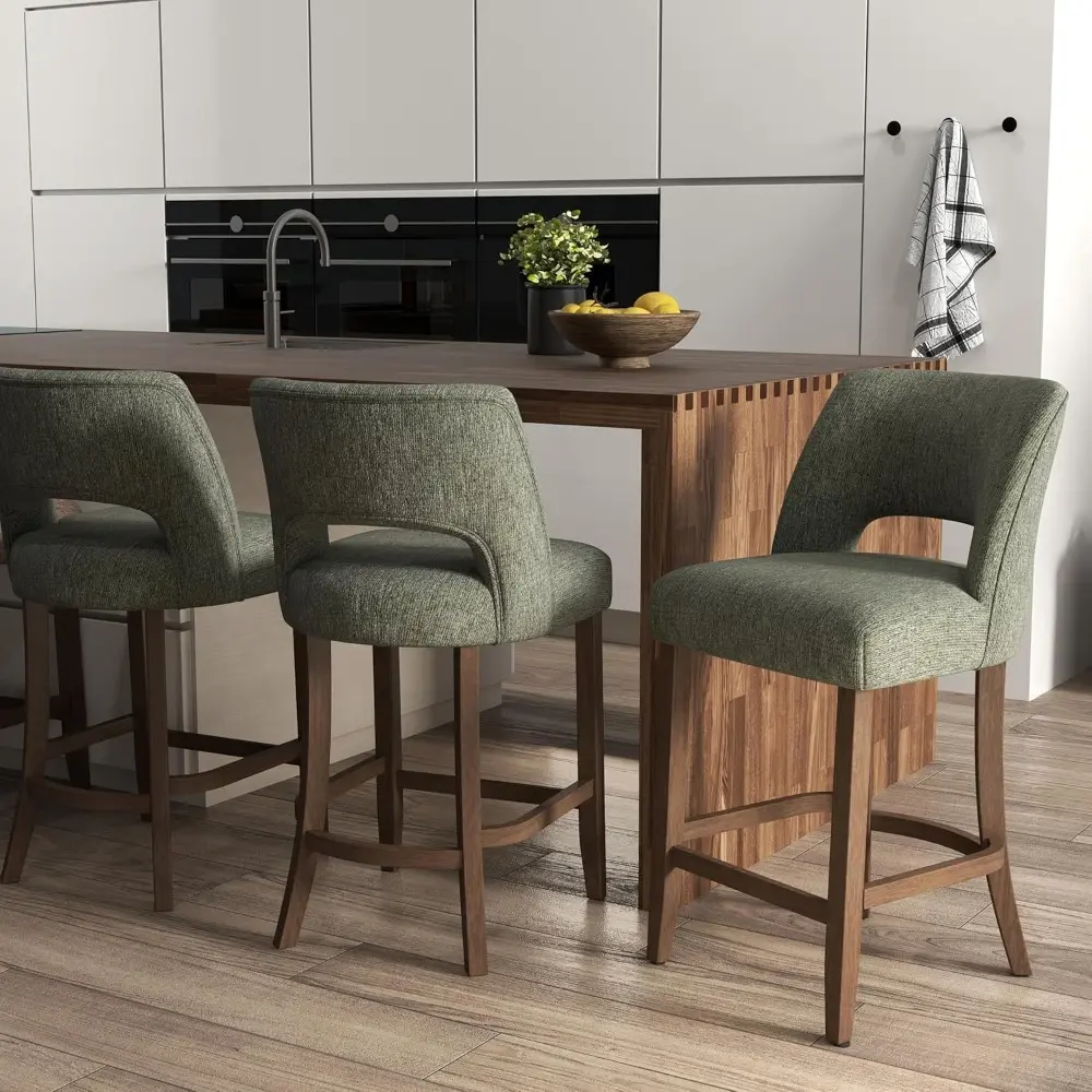 Pair of Modern Upholstered Bar Stools, Counter Height with Wooden Legs, Ideal for Kitchen Island or Dining Room