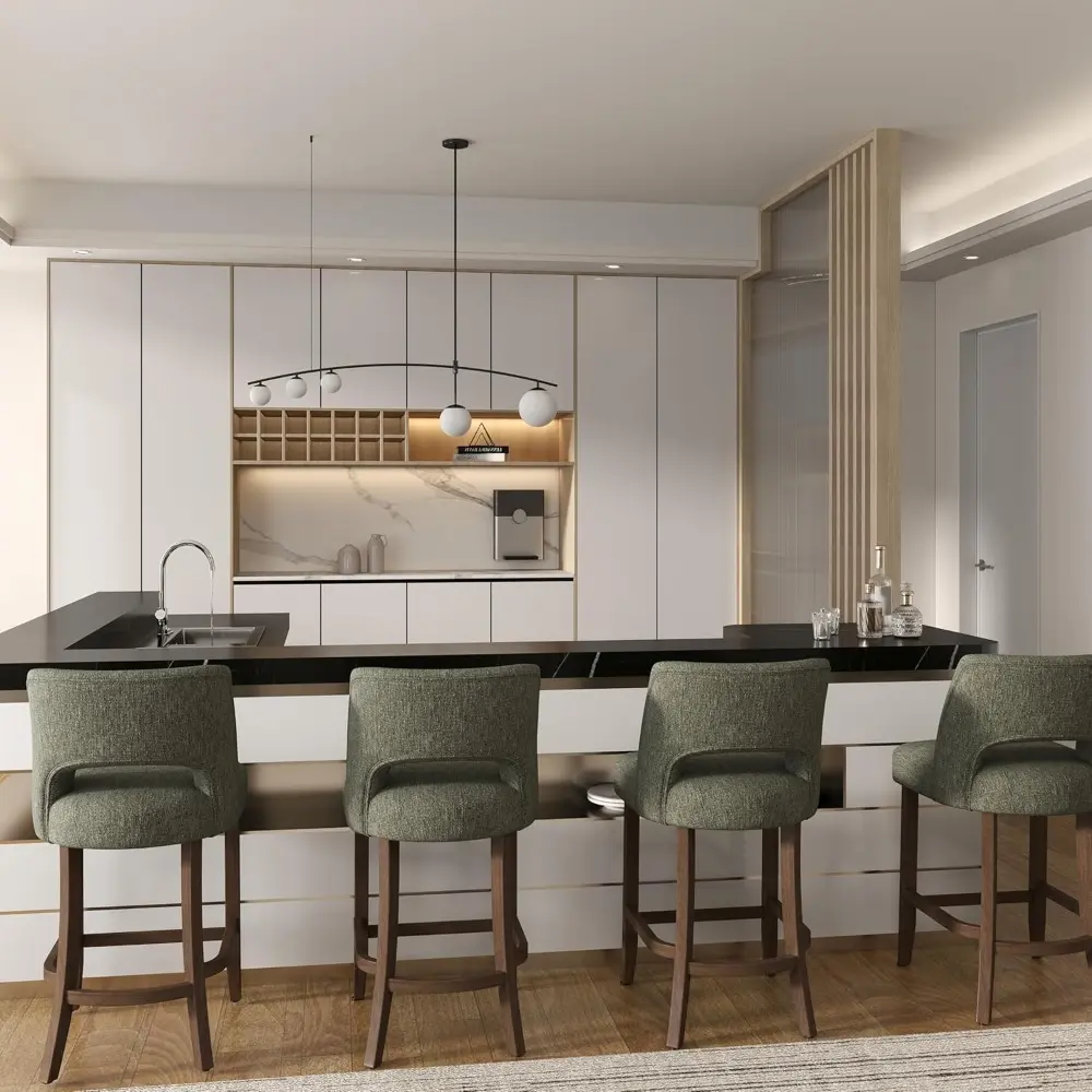 Pair of Modern Upholstered Bar Stools, Counter Height with Wooden Legs, Ideal for Kitchen Island or Dining Room