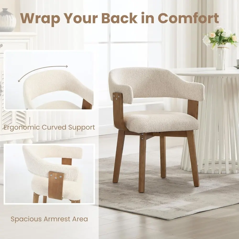 Beige Dining Chairs Set of 2 Modern Upholstered Dining Room Chairs, Farmhouse Kitchen Chairs with Curved Backrest and Wooden Leg