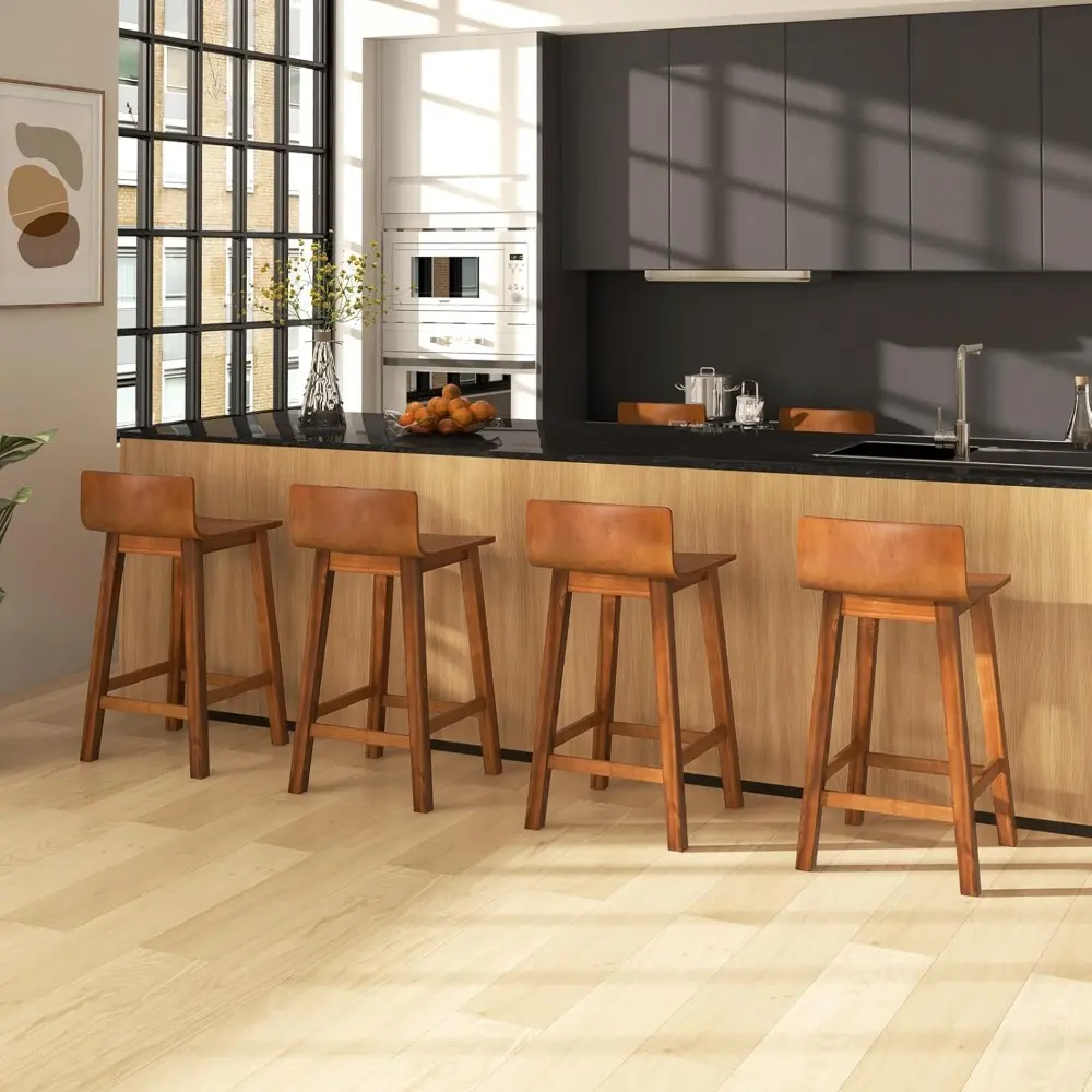 Set of 4 Farmhouse Style Solid Wood Bar Stools, 24.5" Counter Height with Low Back and Footrest