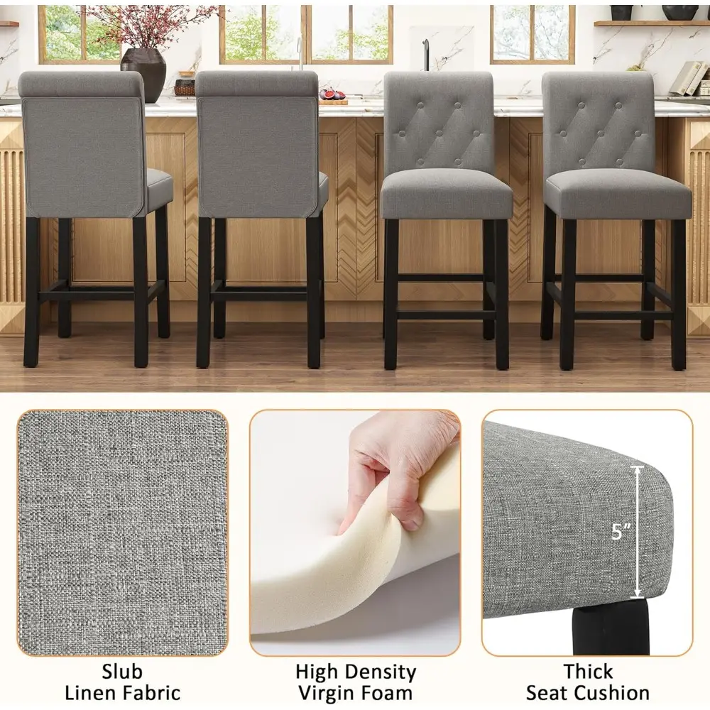 Set of 4 Upholstered Fabric Back Counter Height Bar Stools for Kitchen Island