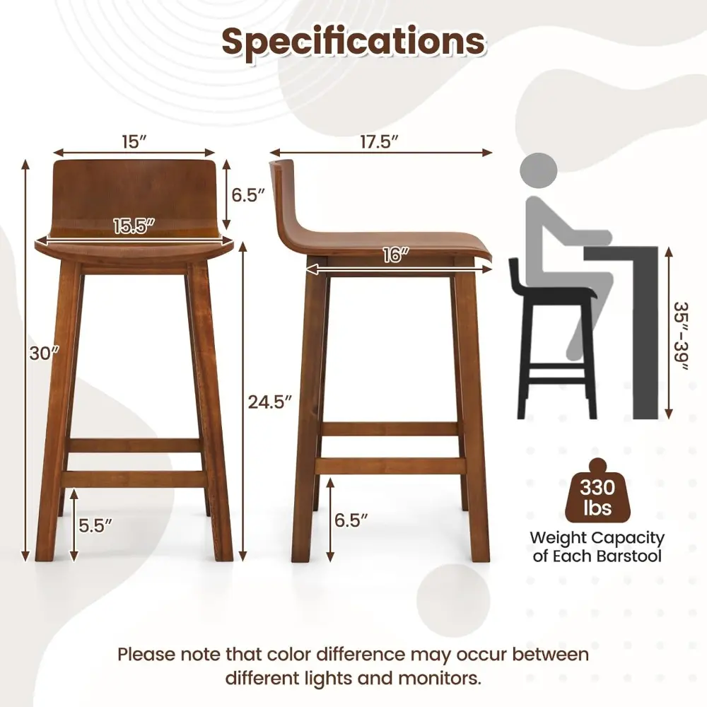 Set of 4 Farmhouse Style Solid Wood Bar Stools, 24.5" Counter Height with Low Back and Footrest