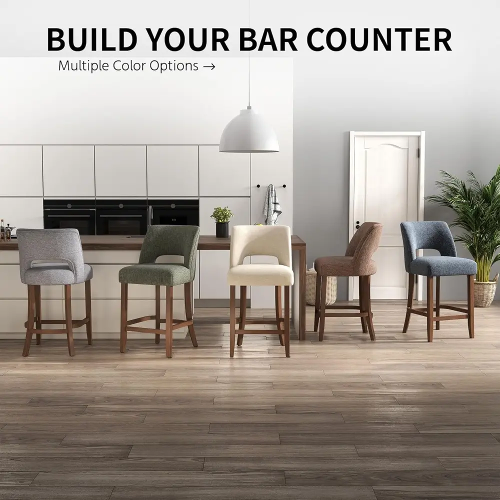 Pair of Modern Upholstered Bar Stools, Counter Height with Wooden Legs, Ideal for Kitchen Island or Dining Room
