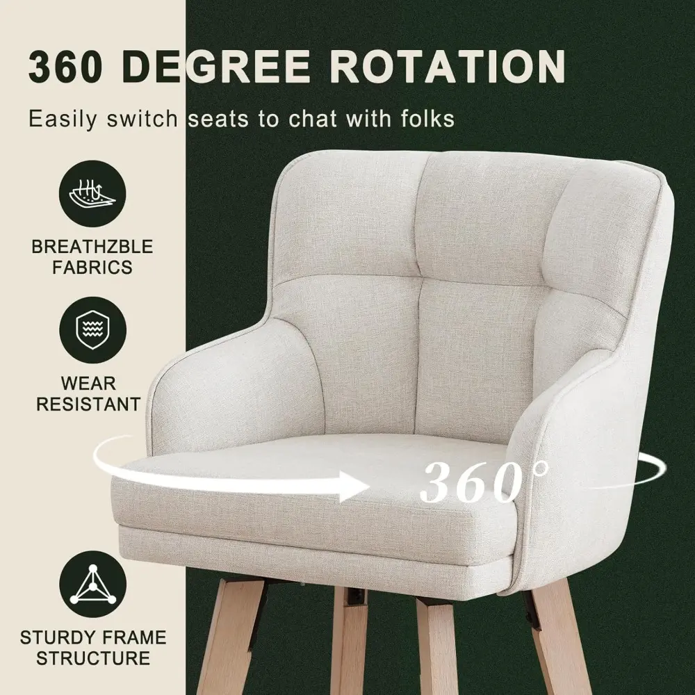 Modern Fabric Bar Stools with Backrest, 26" High Wooden Legs, Swivel Counter Height Chairs for Kitchen Island, Beige