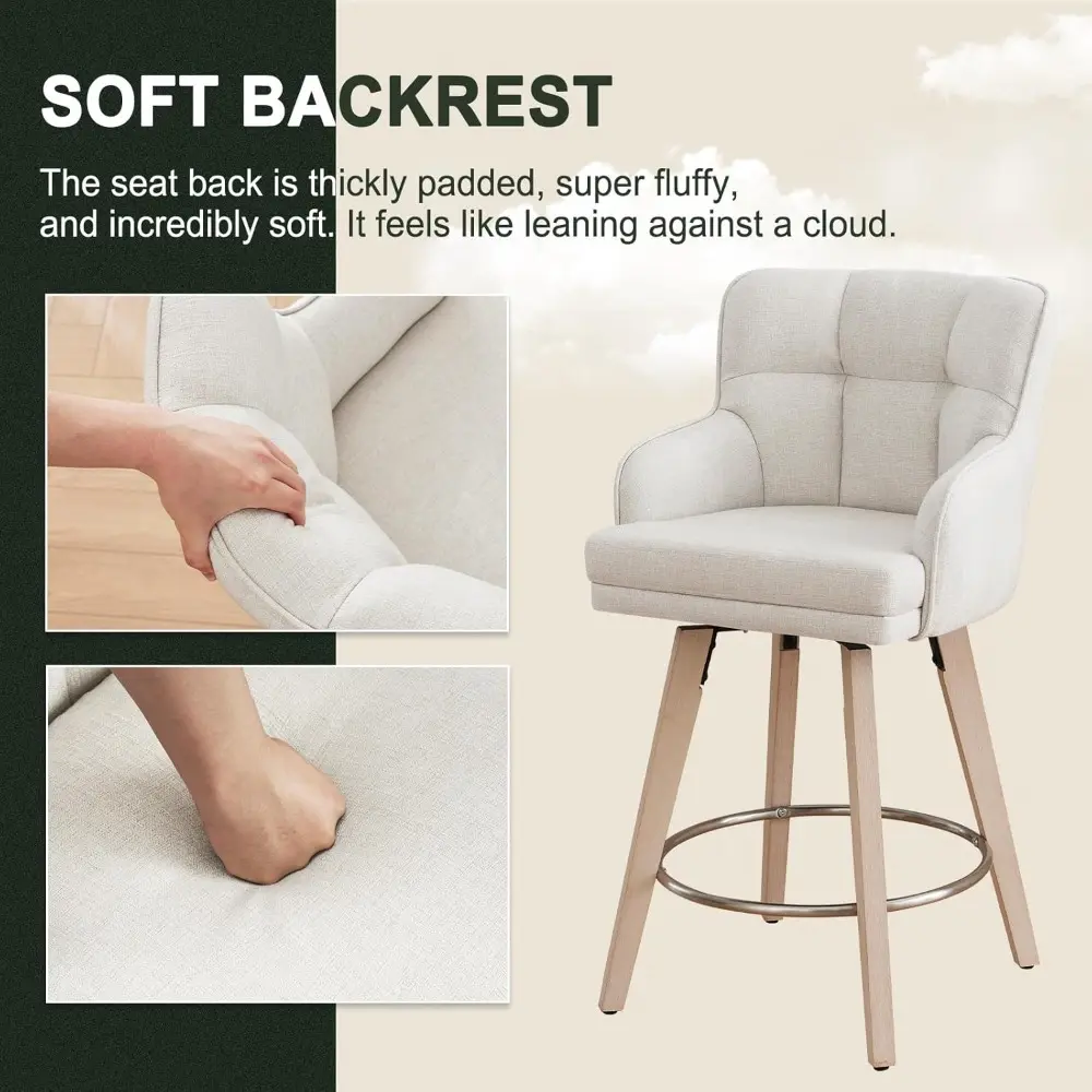 Modern Fabric Bar Stools with Backrest, 26" High Wooden Legs, Swivel Counter Height Chairs for Kitchen Island, Beige