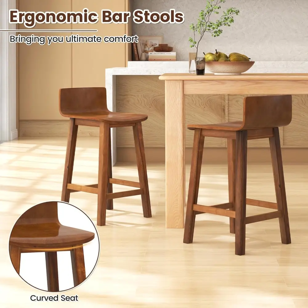 Set of 4 Farmhouse Style Solid Wood Bar Stools, 24.5" Counter Height with Low Back and Footrest