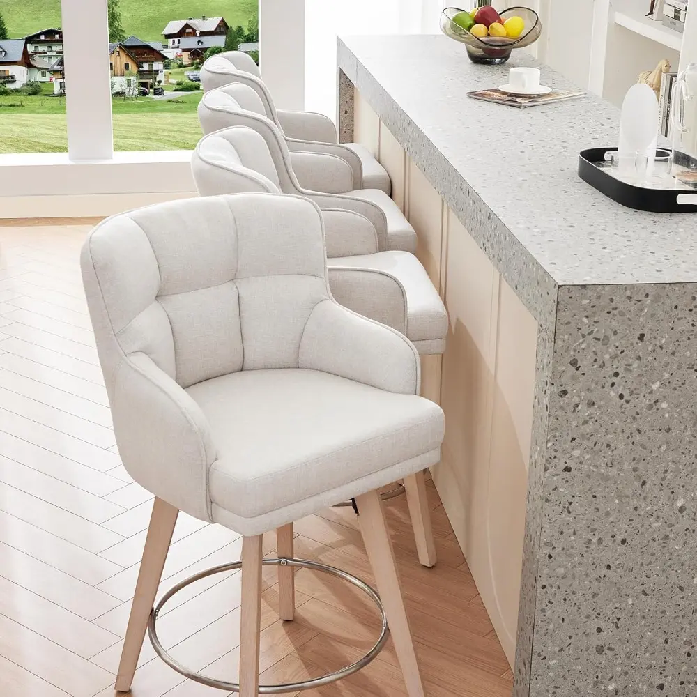 Modern Fabric Bar Stools with Backrest, 26" High Wooden Legs, Swivel Counter Height Chairs for Kitchen Island, Beige