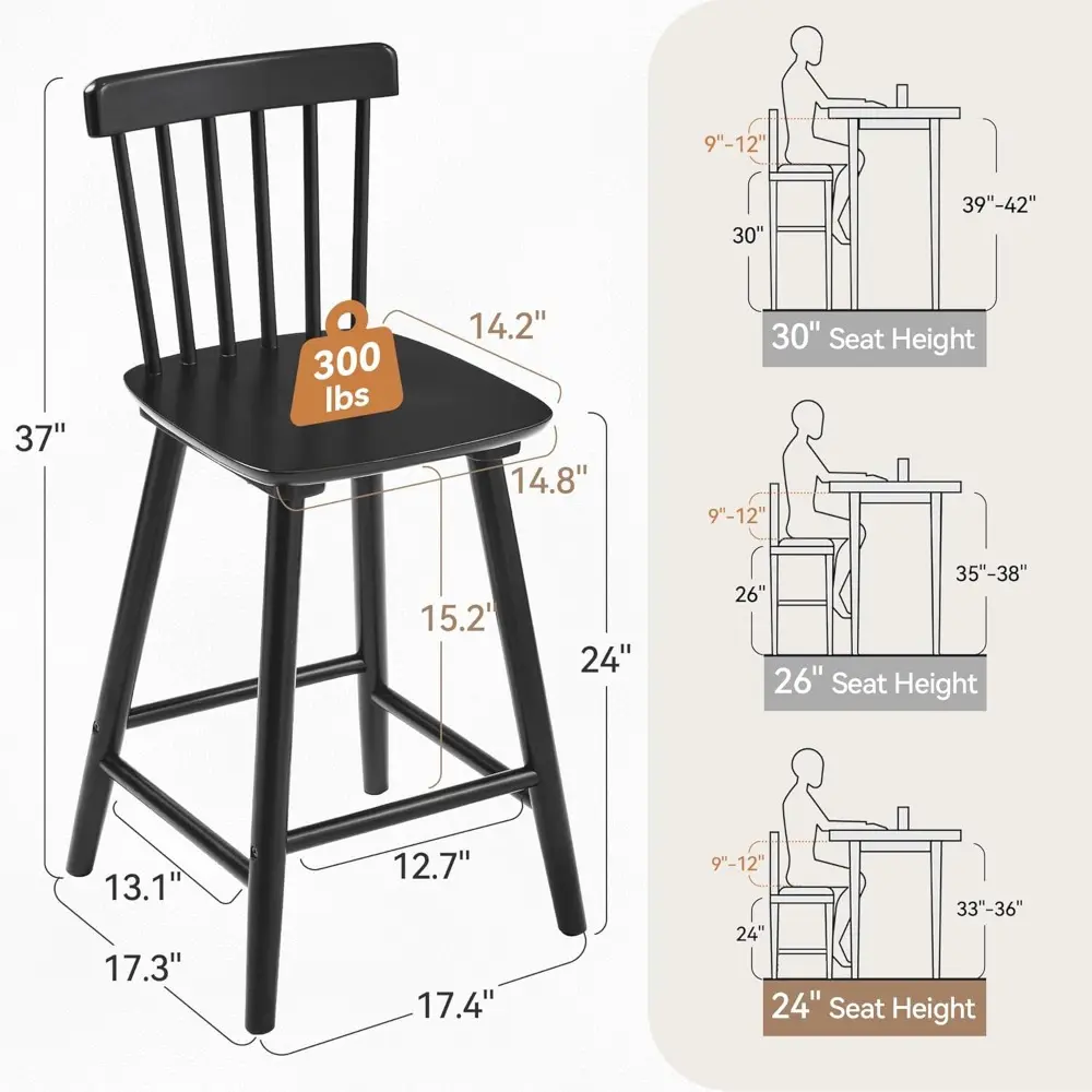 Set of 4 Windsor Style Wooden Bar Stools, 24-Inch Farmhouse Counter Height Chairs with Spindle Back, Black