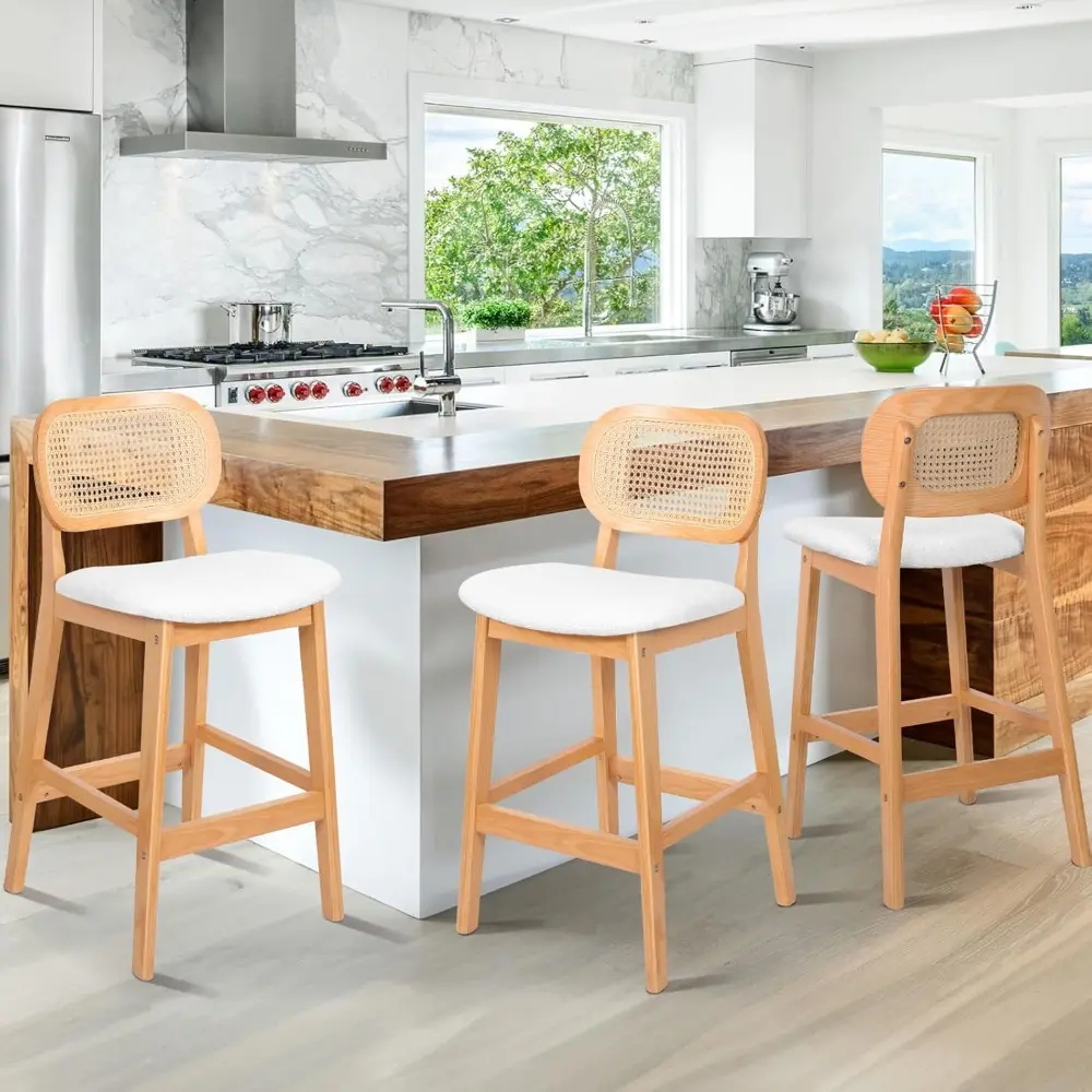 Mid Century Modern Rattan Backed Counter Height Bar Stools Set of 3 with Boucle Fabric Upholstery