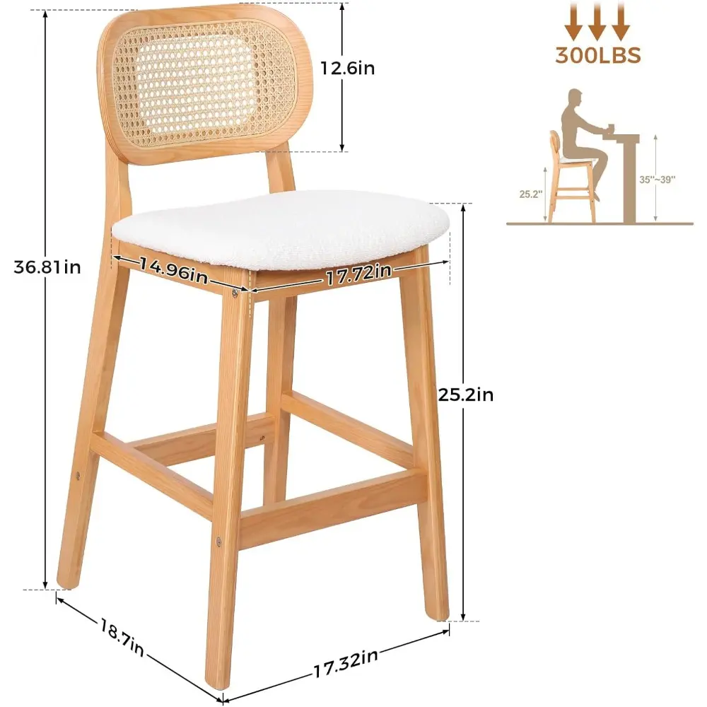 Mid Century Modern Rattan Backed Counter Height Bar Stools Set of 3 with Boucle Fabric Upholstery