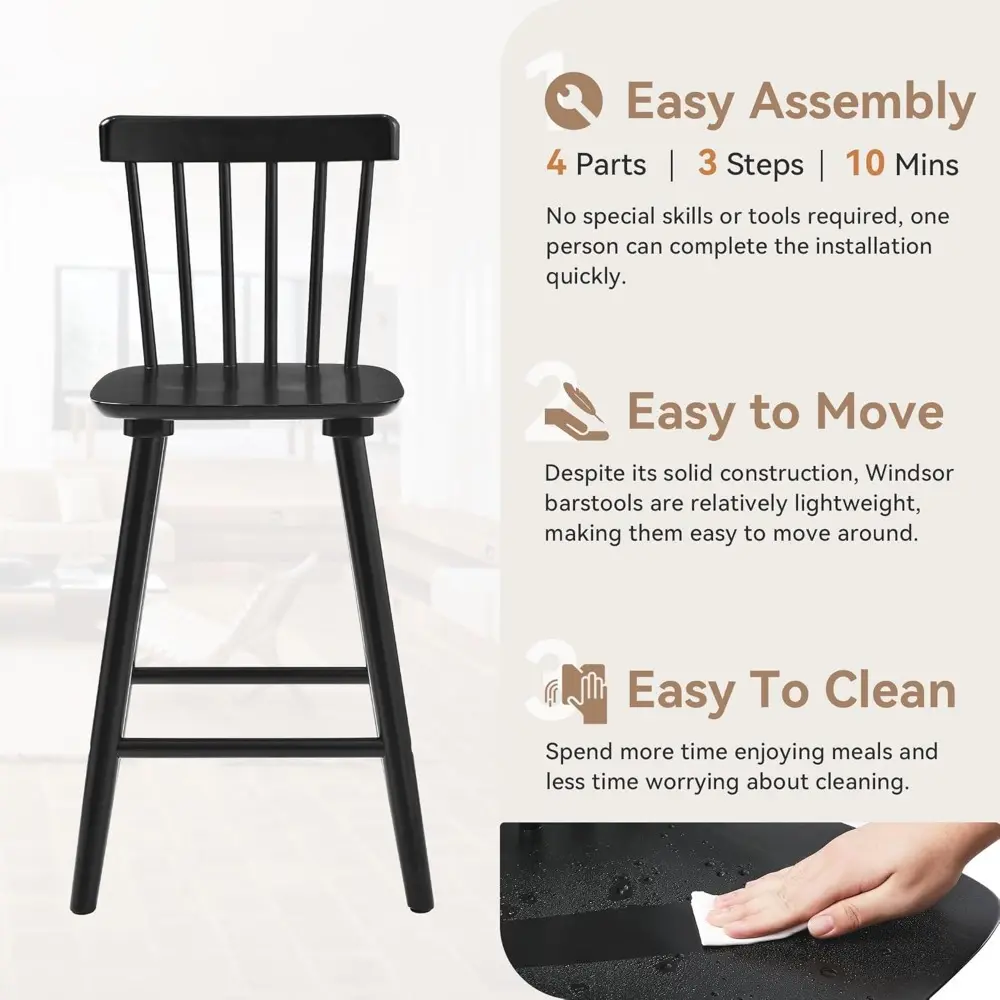 Set of 4 Windsor Style Wooden Bar Stools, 24-Inch Farmhouse Counter Height Chairs with Spindle Back, Black