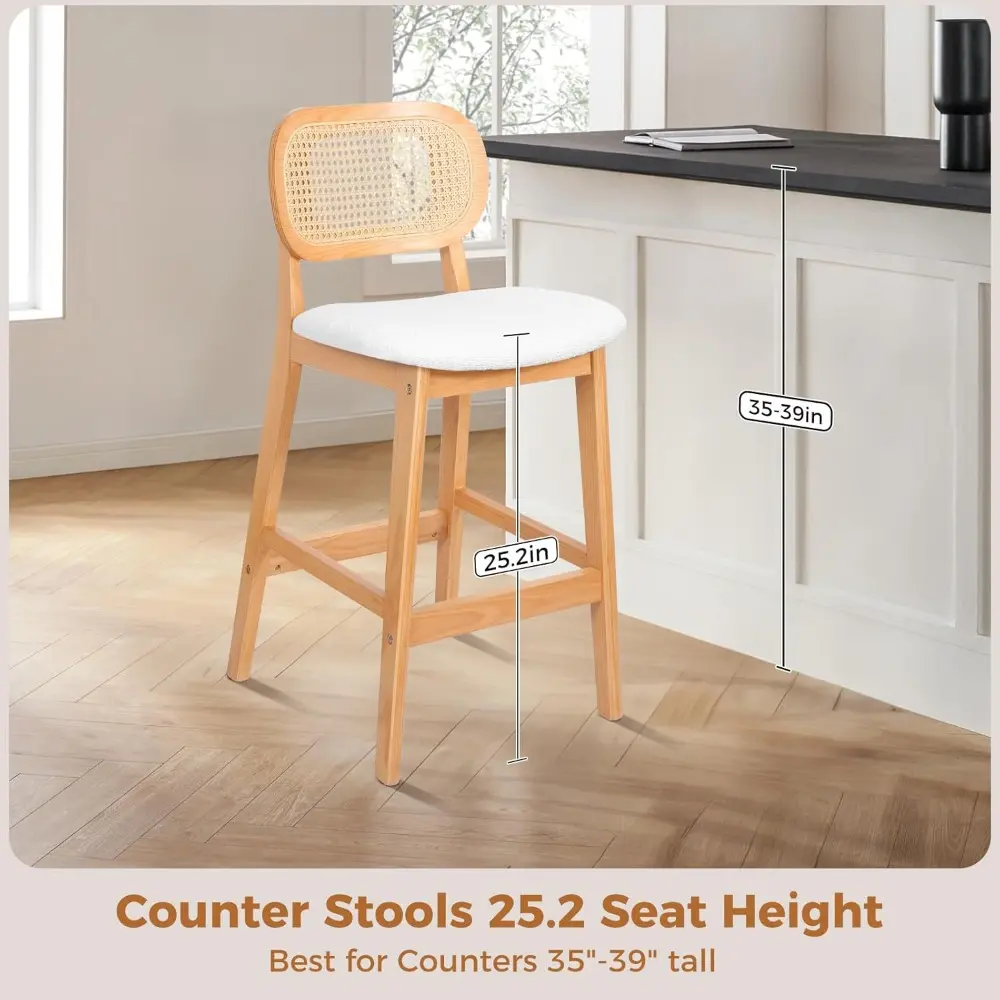 Mid Century Modern Rattan Backed Counter Height Bar Stools Set of 3 with Boucle Fabric Upholstery