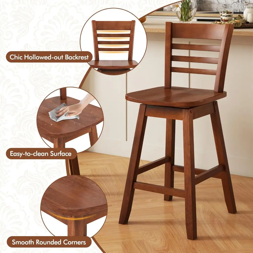 Set of 4 Swivel Bar Stools, 24.5 Inch Counter Height Chairs with Hollow Backrests and Contoured Seats, Including Footrests for K
