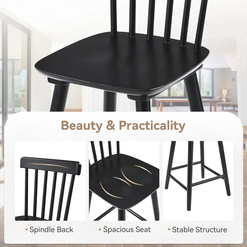Set of 4 Windsor Style Wooden Bar Stools, 24-Inch Farmhouse Counter Height Chairs with Spindle Back, Black