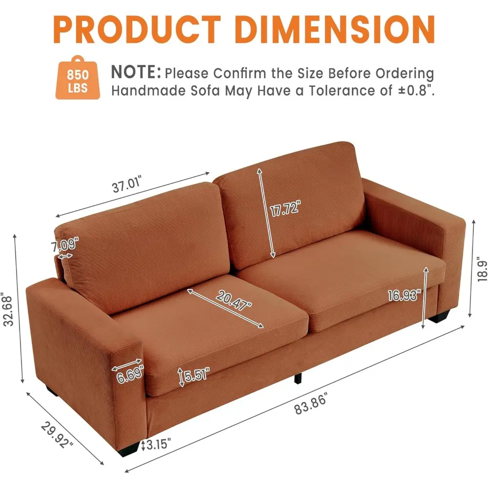 83" Modern Sofa, Corduroy 3 Seater Deep Seat Couch with Wide Armrest, Removable Washable Cushion Cover, Comfy Sofa for Living R