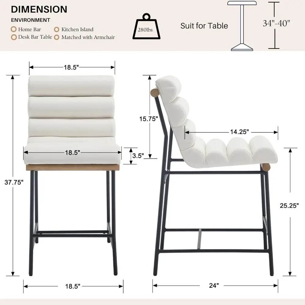 Pair of 25" Contemporary White PU Leather Bar Stools with Black Metal Legs and Upholstered Seats