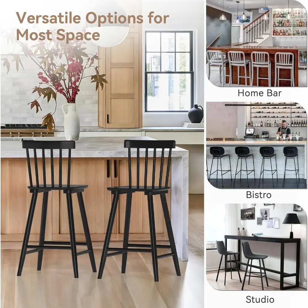 Set of 4 Windsor Style Wooden Bar Stools, 24-Inch Farmhouse Counter Height Chairs with Spindle Back, Black