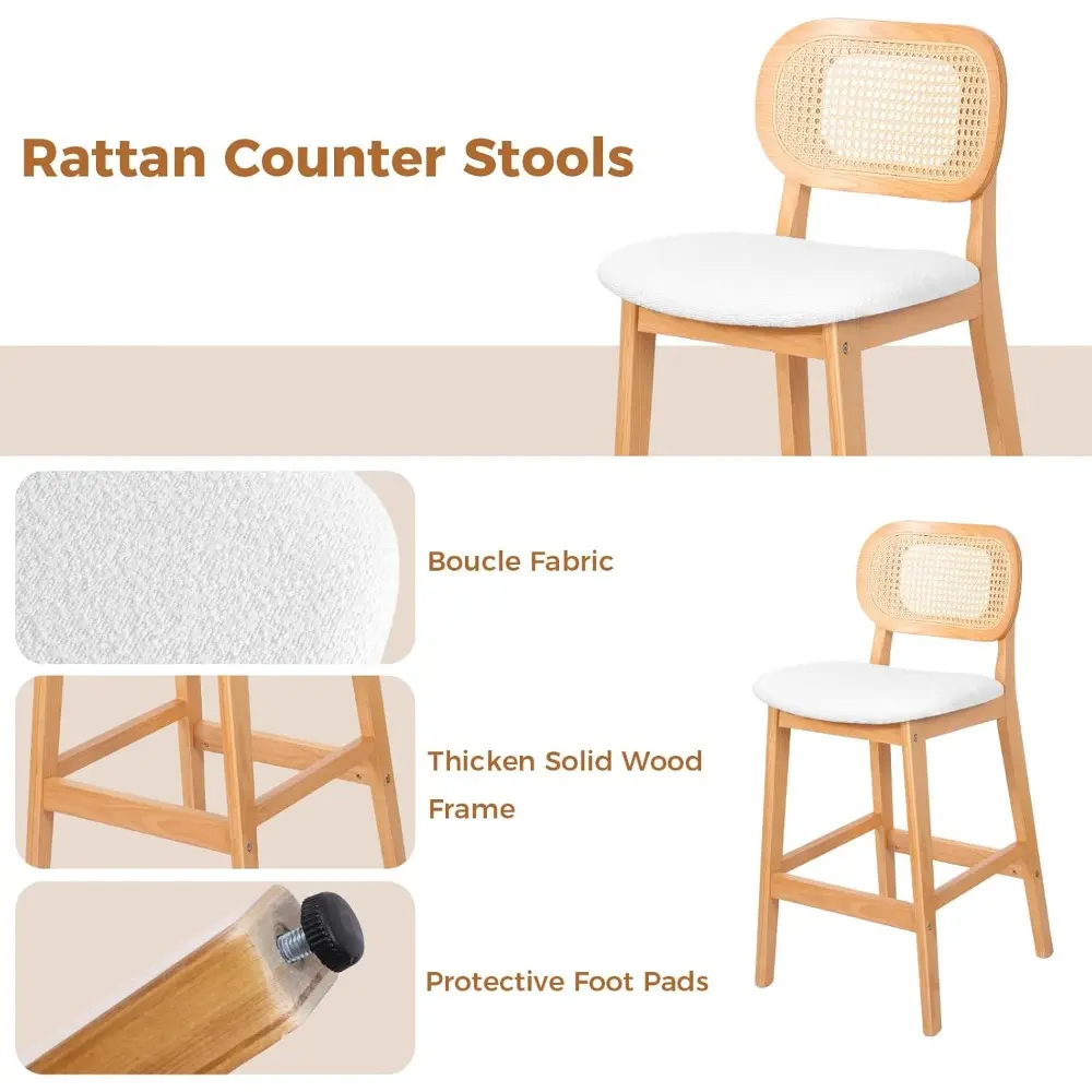 Mid Century Modern Rattan Backed Counter Height Bar Stools Set of 3 with Boucle Fabric Upholstery