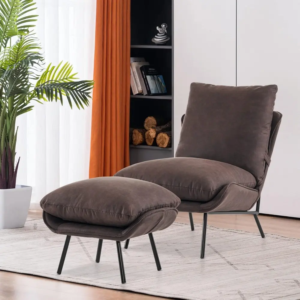 Modern Accent Chair with Ottoman, Leathaire Fabric Armless Chair, Upholstered Leisure Chairs for Small Space, Living Room & Bed