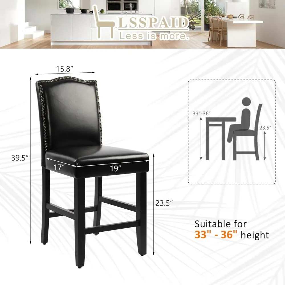 Set of 4 Counter Height Bar Stools, 23.5 Inch PU Upholstered, Kitchen Island Chairs with Bronze Nail Head Trim and Backrest Supp