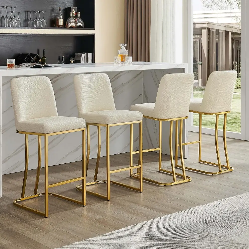 Set of 4 Modern Leather Counter Height Bar Stools with Backrest and Gold Metal Frame