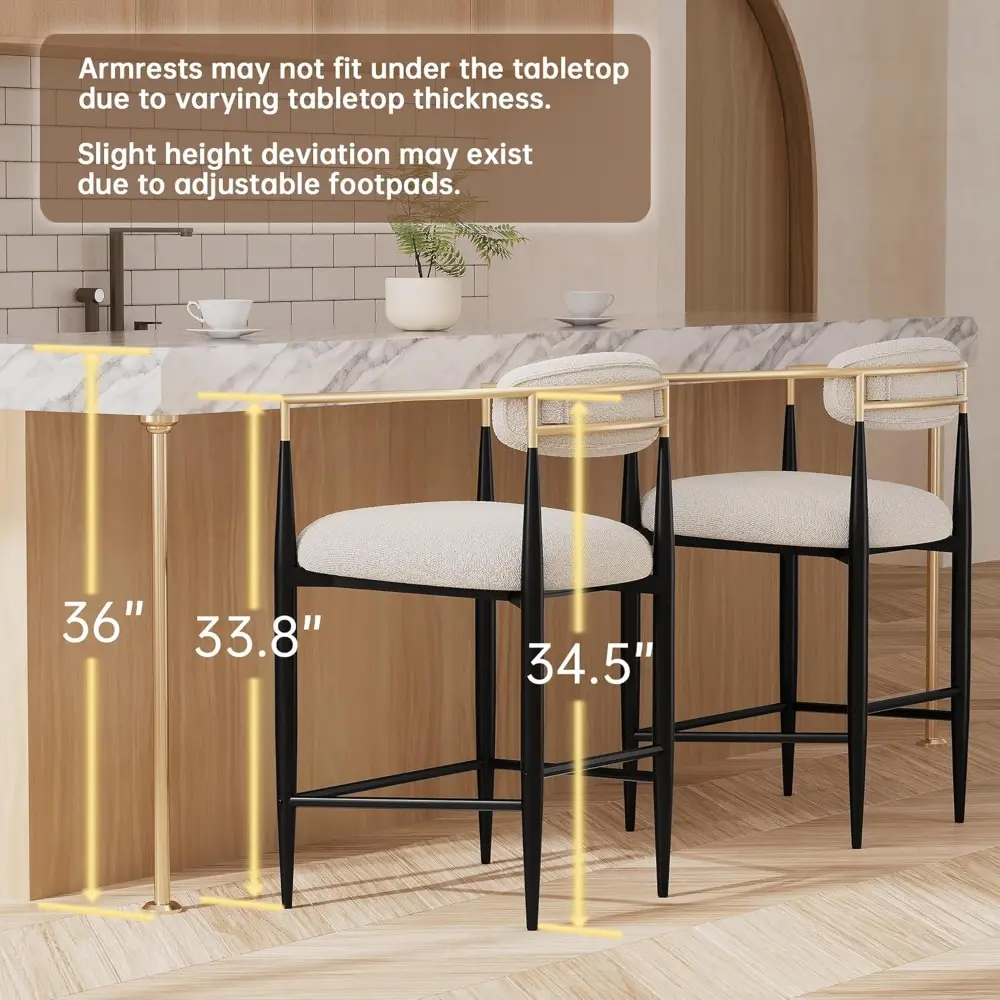 Pair of Modern Counter Height Stools: Upholstered with Gold Accents and Black Legs