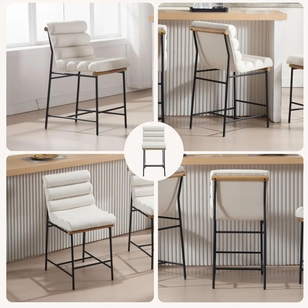 Pair of 25" Contemporary White PU Leather Bar Stools with Black Metal Legs and Upholstered Seats